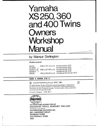 Yamaha XS 250, 360, and 400 Twins Workshop Manual - Complete Service Guide Preview image 2