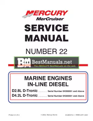 MerCruiser Mercury Marine Number 22 In-Line Diesel D2.8L, D4.2L D-Tronic engine service manual Preview image 1