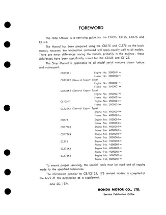 Comprehensive Service Manual for Honda CB125 and CB175 Series (1974) Preview image 2