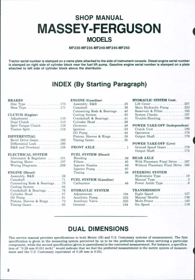 Preview: Massey-Ferguson MF230, MF235, MF240, MF245, MF250 Tractor Service Manual