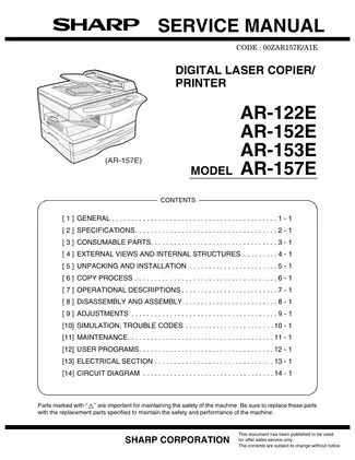 Sharp AR 122E, AR 152E, AR 153E, AR 157E copier/printer service guide Preview image 2