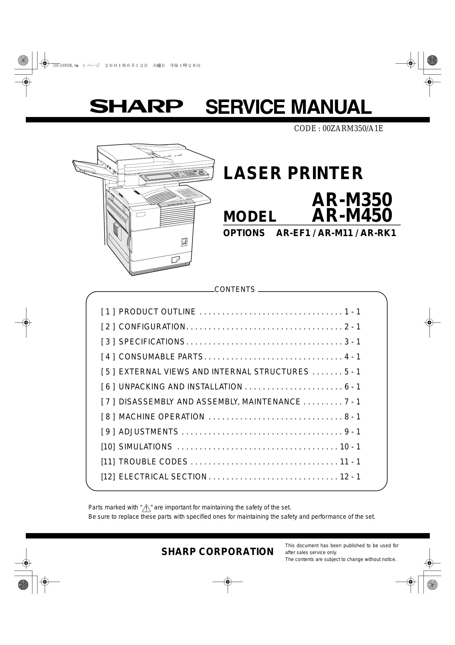 Sharp  AR M350, M450, w opt AR EF1, M11, RK1, AR-M550N, M550U, M620N, M620U, M700N, M700U laser printer service manual Preview image 2
