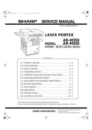 Sharp  AR M350, M450, w opt AR EF1, M11, RK1, AR-M550N, M550U, M620N, M620U, M700N, M700U laser printer service manual Preview image 2