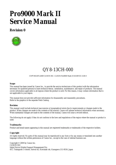 Preview: Canon Pro9000 Mark II Service Manual (P/N QY8-13CH-000)