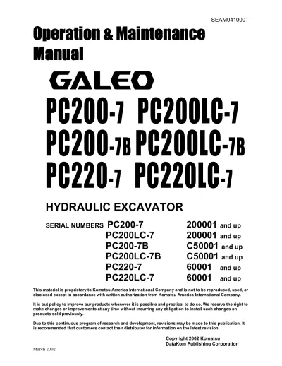 Preview: Komatsu PC200-7, PC200LC-7, PC200-7B, PC200LC-7B, PC220-7, PC220LC-7 Hydraulic Excavator Operation and Maintenance Manual (P/N SEAM041000T)