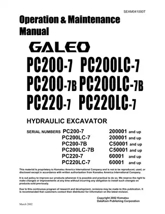 Komatsu™ PC200-7, PC200LC-7, PC200-7B, PC200LC-7B, PC220-7, PC220LC-7 excavator operation and maintenance manual