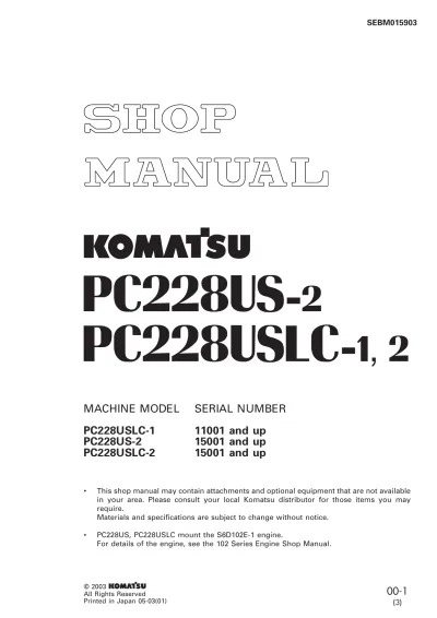 Preview: Komatsu PC228USLC-1, PC228US-2 Excavator Shop Manual (P/N SEBM015903)