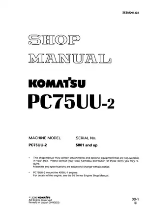 Komatsu PC75UU-2 mini excavator shop manual