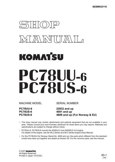 Preview: Komatsu PC78UU-6 / PC78US-6 Excavator Service & Repair Manual (P/N SEBM025116)