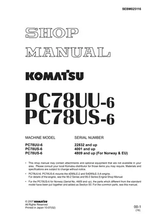 Komatsu PC78UU-6, PC78US-6 excavator shop manual Preview image 1