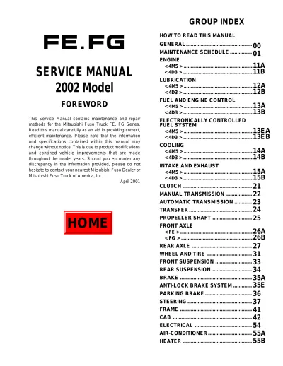 Preview: 2002 Mitsubishi Fuso FE639 FE640 FE649 FG639 FG649 Truck Service Manual (P/N TWSE0101-H)