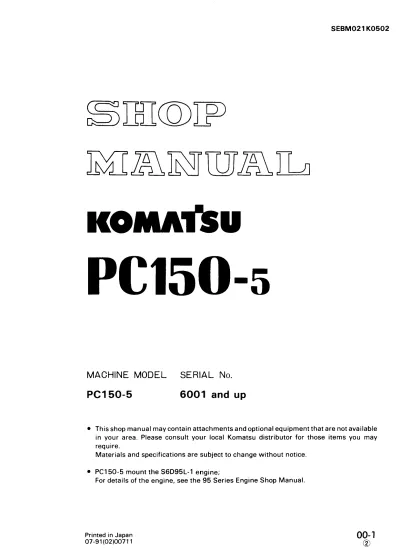 Preview: 1991 Komatsu PC150-5 Hydraulic Excavator Shop Manual (P/N 07–91(02)00711)