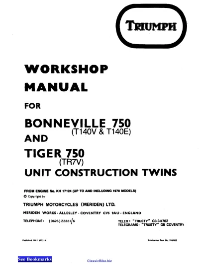 1973–1978 Triumph Bonneville T140E, T140V, TR7V Workshop Manual (P/N 99–0983)