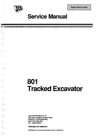 JCB 801 Tracked Excavator Factory Service Manual (P/N 9803/3161)