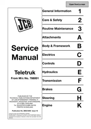 JCB Teletruk Service Manual (M/c No. 788001) - Comprehensive Guide for Maintenance and Repair