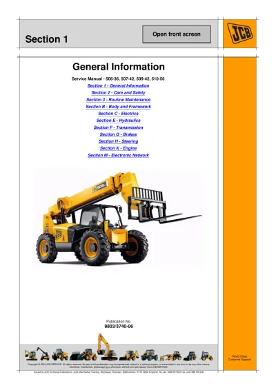 JCB 506-36, 507-42, 509-42 & 510-56 Factory Telescopic Handler 2004–2012 Service Manual (P/N 9803/3740–06)