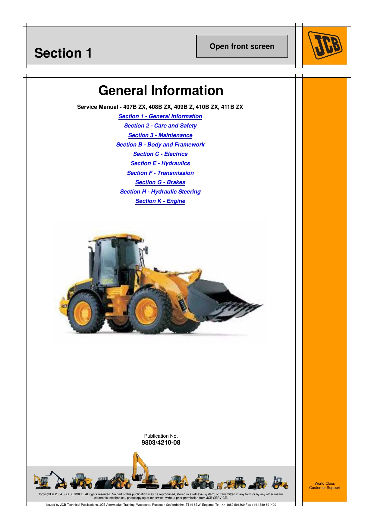 JCB 407B, 408B, 409B, 410B, 411B Wheeled Loading Shovel repair manual