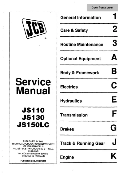 JCB Excavator JS110, JS130, JS150LC Service Manual 1994–1997 (P/N 9803/6100)