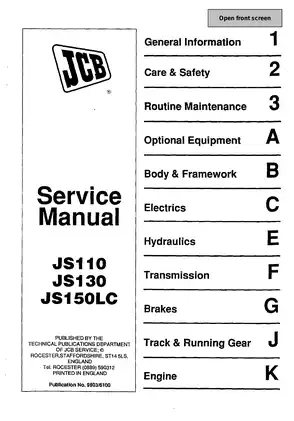 JCB JS110, JS130, JS150LC tracked excavator service manual