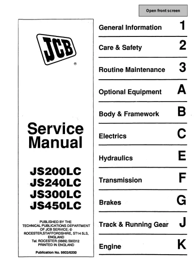 JCB JS200LC, JS240LC, JS300LC, and JS450LC OEM Service & Repair Manual (P/N 9803/6200)