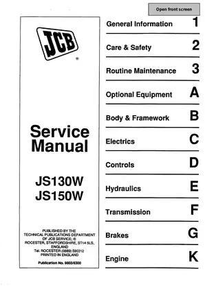 JCB JS130W & JS150W Excavator Service Manual (Publication No. 9803/6300)