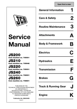 JCB JS200, JS210, JS220, JS240, JS260 tracked excavator service manual