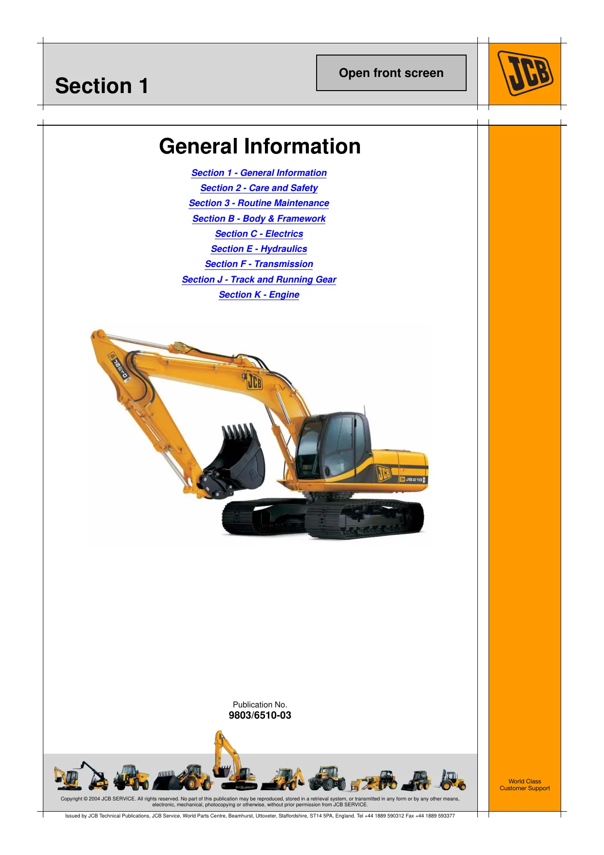 JCB JS200, JS210, JS220, JS260 tracked excavator manual