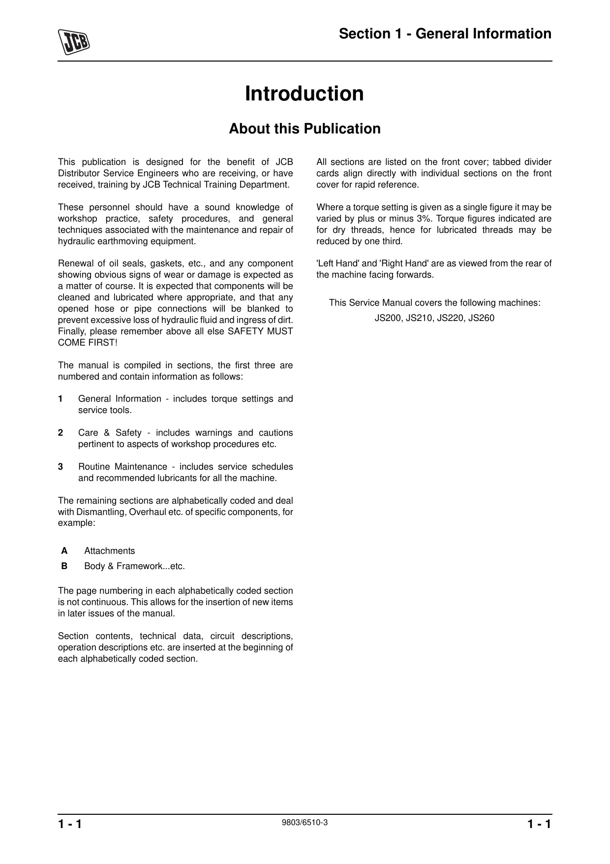 JCB JS200, JS210, JS220, JS260 tracked excavator manual Preview image 5
