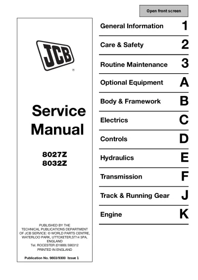 JCB 8027Z and 8032Z Excavator Factory Service Manual (P/N 9803/9300)