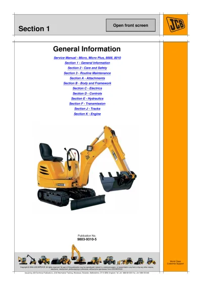 2004 JCB Micro, Micro Plus, 8008, 8010 Mini Excavator Service Manual (P/N 9803/9310-5)