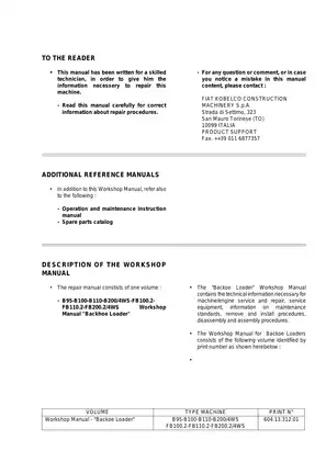 FIAT Kobelco B95-B200 Backhoe Loader Workshop Manual Preview image 2