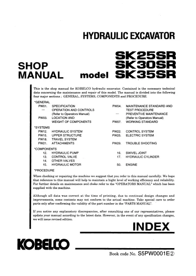 Kobelco SK25SR / SK30SR / SK35SR Excavator 1997–1999 Shop Manual (P/N S5PW0001E2)