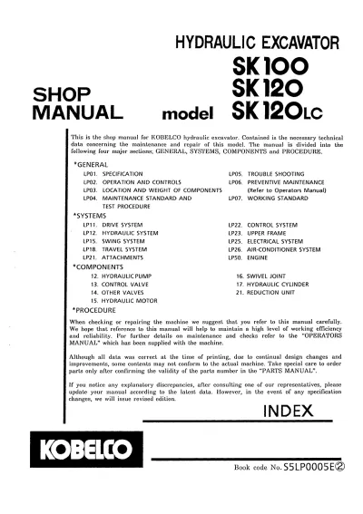 Kobelco SK100, SK120, SK120LC Excavator 1990–1996 Shop Manual (P/N S5LP0105E)