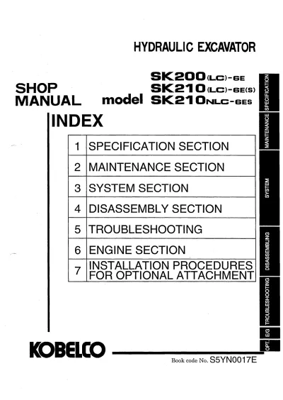 Kobelco SK200-SK210 Series Excavator Shop Manual, 2004 - (P/N YN01V00029F2)