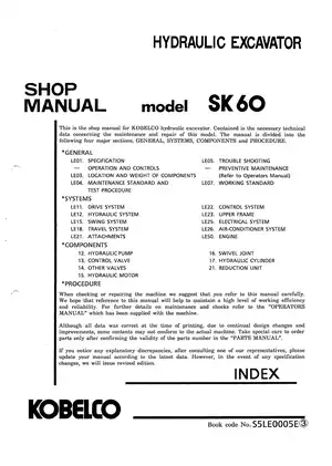 Kobelco SK60 hydraulic excavator shop manual Preview image 1