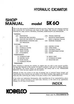 Kobelco SK60 Hydraulic Excavator Shop Manual - Maintenance and Repair Guide