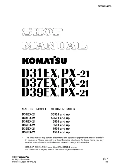Preview: Komatsu D31EX-21, D31PX-21, D37EX-21, D37PX-21, D39EX-21, D39PX-21 Bulldozer Shop Manual (P/N SEBM035005)