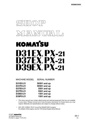 Komatsu D31EX-21, D31PX-21, D37EX-21, D37PX-21, D39EX-21, D39PX-21 bulldozer shop manual Preview image 1