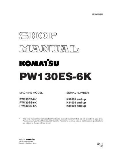 Preview: Komatsu PW130ES-6K Hydraulic Excavator 2003 Shop Manual (P/N U/P UEBM001202)