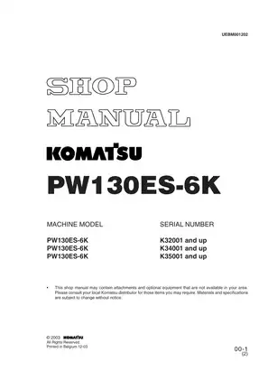 Komatsu PW130ES-6K hydraulic excavator shop manual Preview image 1