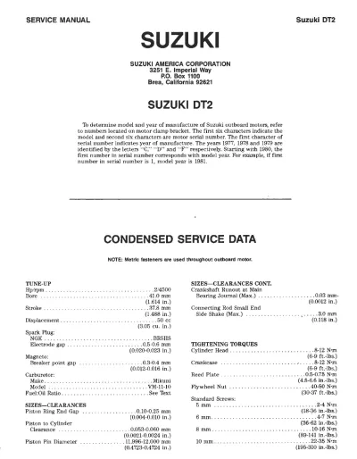 Preview: Suzuki DT2, DT3.5, DT4, DT5, DT6, DT8, DT9.9, DT15, and DT15C Outboard Motor 1977–1988 OEM Service Manual