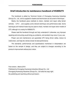 HS800UTV Maintenance Manual: Complete Service Guide for Utility Terrain Vehicle Preview image 1