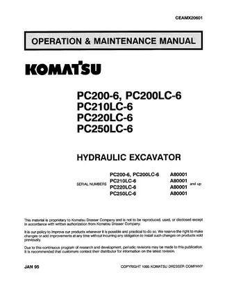 Komatsu PC200-6, PC200LC-6, PC210LC-6, PC220LC-6, PC250LC-6 hydraulic excavator operation and maintenance manual Preview image 1