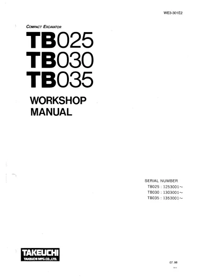 Preview: 1998 Takeuchi TBO25 / TBO30 / TBO35 Workshop Manual (P/N WE3-301E2)