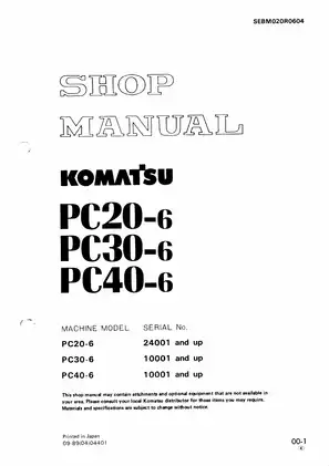 Komatsu PC20-6, PC30-6, PC40-6 hydraulic excavator shop manual Preview image 1