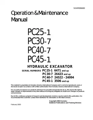 Komatsu PC25-1, PC30-7, PC40-7, PC45-1 hydraulic excavator manual
