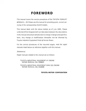 Toyota 42-6FGCU15, 42-6FGCU18, 42-6FGCU20, 52-6FGCU20, 42-6FGCU25, 52-6FGCU25, 42-6FGCU30, 52-6FGCU30 forklift manual Preview image 1