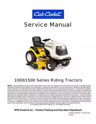 Cub Cadet 1000/1500 Series Service Manual for Tractors (2005-2006)