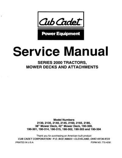Preview: Cub Cadet 2130, 2135, 2140, 2145, 2160, 2165, 2185 Tractor Service Manual (P/N 772-4232)