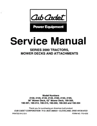 Cub Cadet 2130, 2135, 2140, 2145, 2160, 2165, 2185, 190-300, 190-301, 90-314, 190-315, 190-302, 190-303 190-304 lawn tractor manual Preview image 1